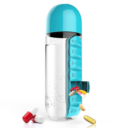 blue Water Bottle with Pill Box