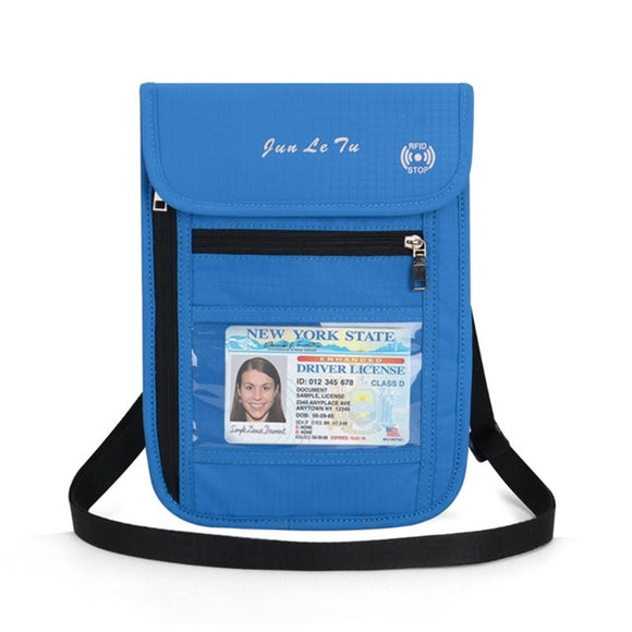 Blue RFID Blocking Travel Passport Holder Neck Wallet Neck Pouch | Traveling Document Organizer Purse